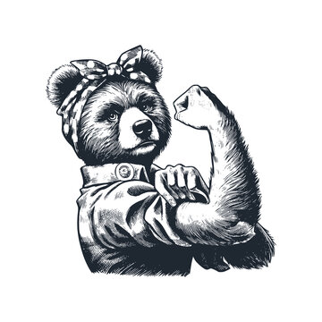 The lady bear wear a shirt and headband. Black white vector illustration.