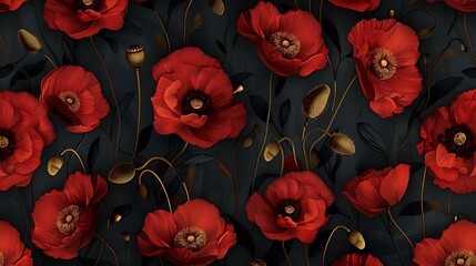 Seamless red poppy design with gold accents for solemn occasions