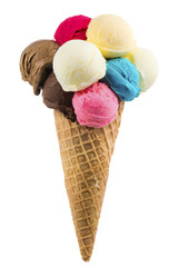 Ice cream with multiple scoops in waffle cone isolated on transparent background 
