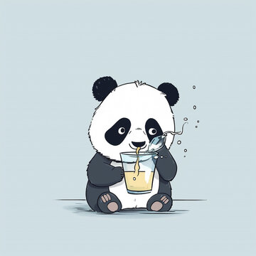 asthetic cute cartoon pic of a panda drinking water from glass,plane creany white backgroud