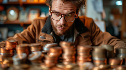 Man With Glasses Looking at Pile of Copper Coins - obrazy, fototapety, plakaty