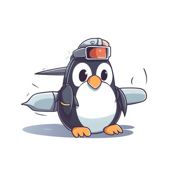 asthetic cute cartoon pic of penguin,plane white back ground