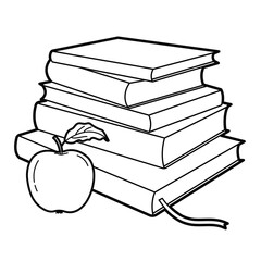 Stack of books and apple, school, education. Back to school. Outline illustration on white background, design element	