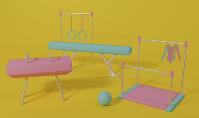 gymnastic sports equipment goat, parallel bars, horizontal bar, balance beam, leotard, mats, on a yellow isolated background 3 cartoon render