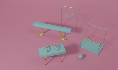 gymnastic sports equipment goat, uneven bars, horizontal bar, balance beam, leotard, mats, on a pink isolated background 3 cartoon render