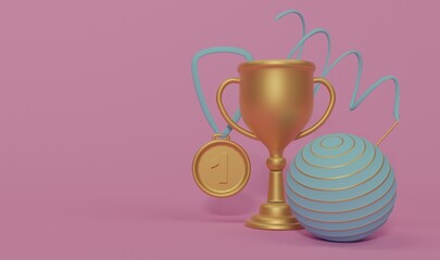 gold cup and medal, blue ball and gymnastic ribbon on a pink background 3 d render cartoon