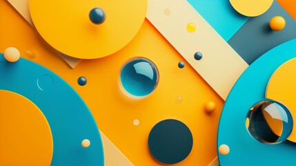 A dynamic arrangement of geometric shapes with open areas for personalized content, set against a backdrop of vibrant yellow, orange, and blue hues