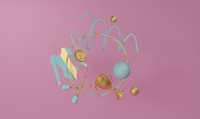Rhythmic gymnastics sports equipment gold cup,medal,hoop,club,ribbons,3d cartoon blue gold colors on pink isolated background