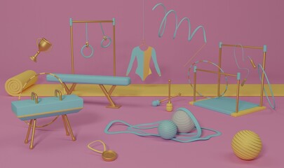 gym with gymnastic equipment pink blue gold theme, 3 d render cartoon