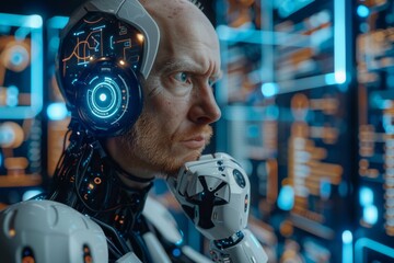 A man with a cyborg headgear ponders in front of futuristic displays.