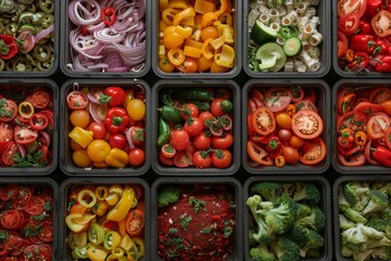 Neatly organized containers of sliced vegetables, meal preparation concept.