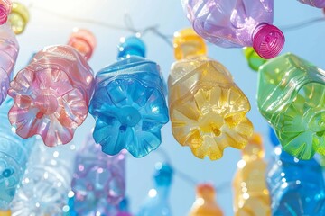 Colorful plastic bottles artistically hung against a sunny sky, recycling concept.