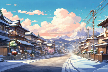 Residential areas on the left and right of the road with Japanese style houses. Snow in winter. In anime style