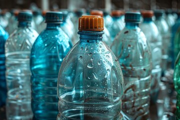 A close-up of wet, clear plastic bottles with orange caps ready for recycling.