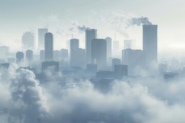 A city skyline shrouded in dense smog with visible air pollution, overcast skies.