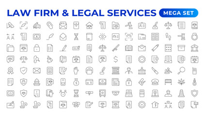 legal outline icon set such as thin line divorce, protection law, diploy, law enforcement, firm, police badge, services icons for report, presentation, diagram.Simple elegant collection , justice set.