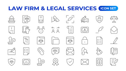 legal outline icon set such as thin line divorce, protection law, diploy, law enforcement, firm, police badge, services icons for report, presentation, diagram.Simple elegant collection , justice set.