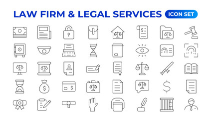 legal outline icon set such as thin line divorce, protection law, diploy, law enforcement, firm, police badge, services icons for report, presentation, diagram.Simple elegant collection , justice set.