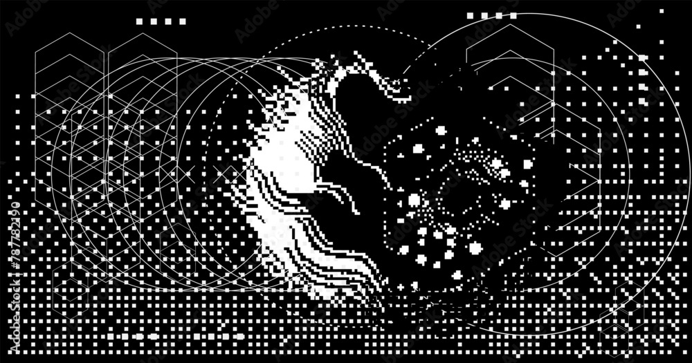 Poster damaged screen with glitch noise on blue scratched background. grunge abstract vector illustration.