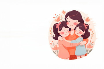 Loving mother embracing her two daughters in a tender moment illustration