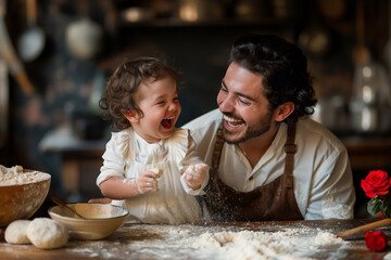 Kitchen chaos captured with a father and his little daughter, both laughing amidst flour fights and doughy messes