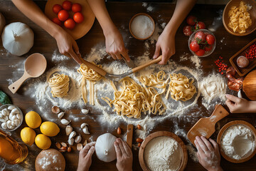 Italian Cooking Class People learn to make pasta from scratch. Surrounded by ingredients and cooking equipment