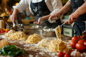 Italian Cooking Class People learn to make pasta from scratch. Surrounded by ingredients and cooking equipment