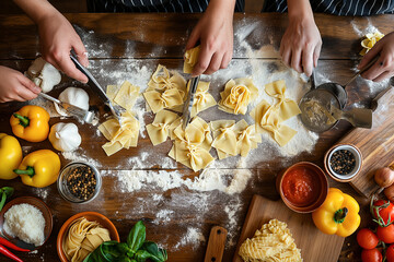 Italian Cooking Class People learn to make pasta from scratch. Surrounded by ingredients and cooking equipment