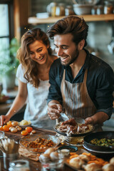 A couple is cooking in the kitchen while they are cooking meat. They are smiling and having fun.