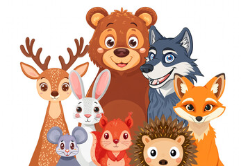 Obraz premium Cartoon forest animals inhabitants on a white background. Bear, wolf, fox, deer, hare, mouse, squirrel, hedgehog.Vector style illustration.