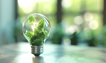 Light bulb with green plant inside on blurred background, energy saving, for advertising creative innovations, startups, personal and corporate growth, eco technologies