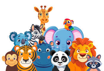 Cartoon zoo animals on a white background. Elephant, hippopotamus, lion, tiger, giraffe, zebra, koala, monkey, raccoon, parrot, panda. Vector style illustration.