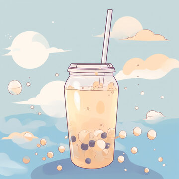 asthetic pic of cartoon bubble tea,white creamy plane background