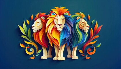 A trio of lions in a swirl of colors against a midnight blue canvas - obrazy, fototapety, plakaty