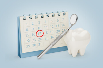 Dentist appointment reminder calendar. Tooth with a dental mirror near the calendar. 3d render