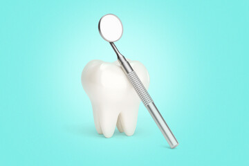 Tooth and dental mirror. Green background. 3d render