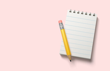 Blank notebook and pencil on a pink background. 3d render
