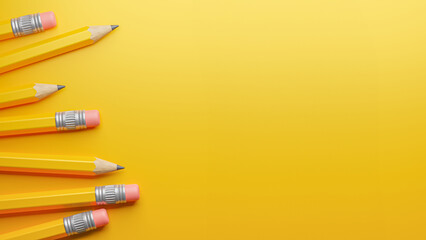 Yellow pencils on a yellow background. Template Copy space for text. mockup. 3d render