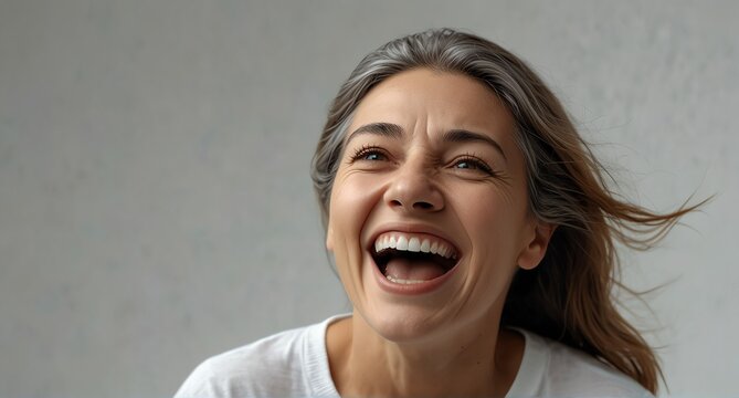 young italian elderly woman on plain bright white background laughing hysterically looking at camera background banner template ad marketing concept from Generative AI