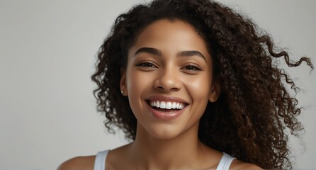 young jamaican woman on plain bright white background laughing hysterically looking at camera background banner template ad marketing concept from Generative AI