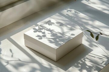 A white box with a shadow of leaves on it.