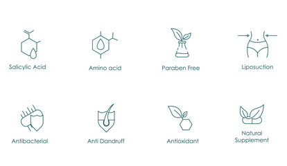 Complete Skincare Vector Icons: Salicylic Acid, Amino Acid, Paraben Free, Liposuction, Antibacterial, Anti-Dandruff, Natural Supplement