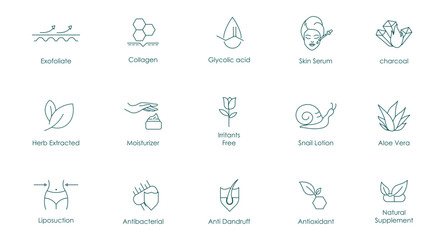 Skin Harmony: Vector Icon Collection for Hyaluronic Acid, Glycolic Acid, AHA, Charcoal, Exfoliate, Collagen, Skin Serum, Vitamins, Irritants Free, Aloe Vera, Lotion, Antioxidant, Cruelty Free