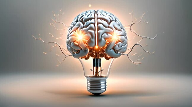 Abstract bright light bulb with brain shaped head, symbolizing creative ideas and innovation