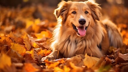 Portrait of happy dog rejoices in autumn.