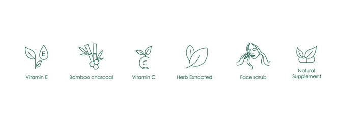 Vitamin E, Charcoal, Vitamin C, Herb Extracted, Face Scrub, Vector Icons Set