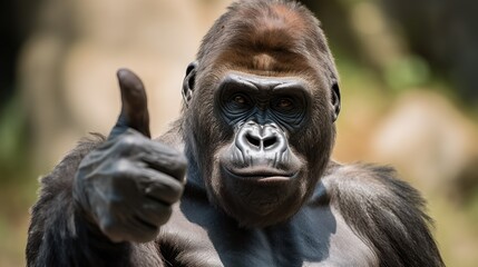 Portrait of friendly gorilla making thumbs up.