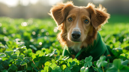 Dog on green background for St. Patrick's Day Festivities.
