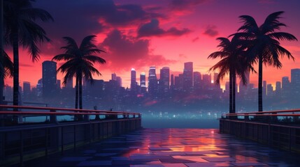 Modern city at sunset. Retrowave.