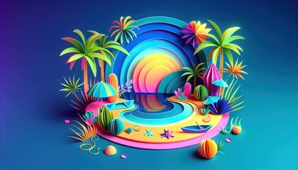 Fototapeta na wymiar Tropical paradise at sunset with palm trees and flowers, a serene beach scene in vibrant colors, paper art